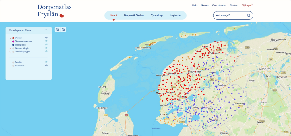kaart van Fryslân met punten die dorpen aangeven, de Dorpenatlas